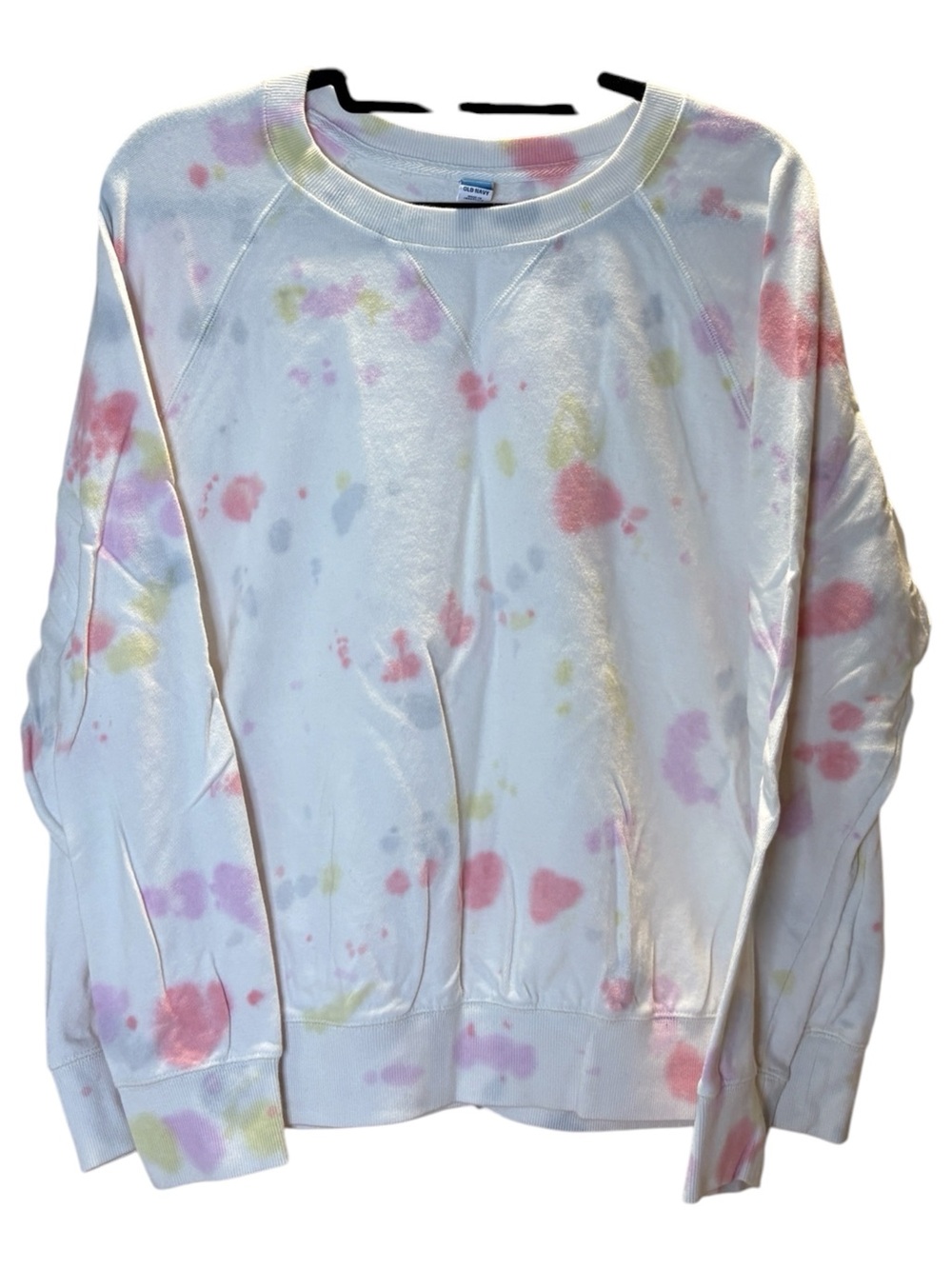 Old Navy White Tie-Dye Crewneck with Pastel Pink, Yellow, Lavender Splatters